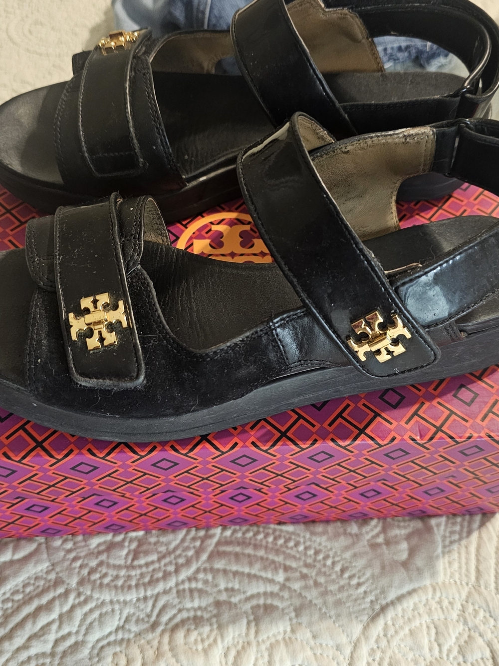 Tory Burch Black Patent Leather Velcro Sandals